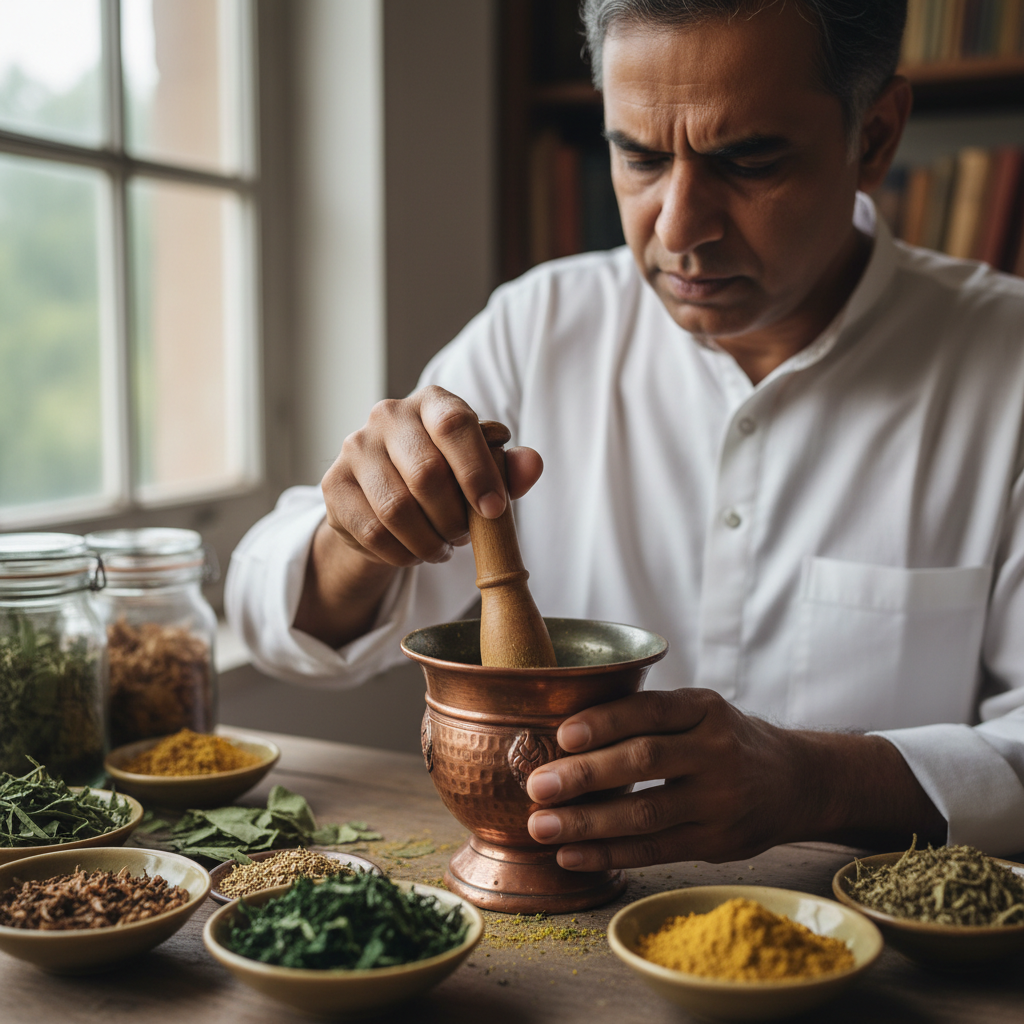 Ayurvedic herbal medicines and natural remedies in traditional vessels